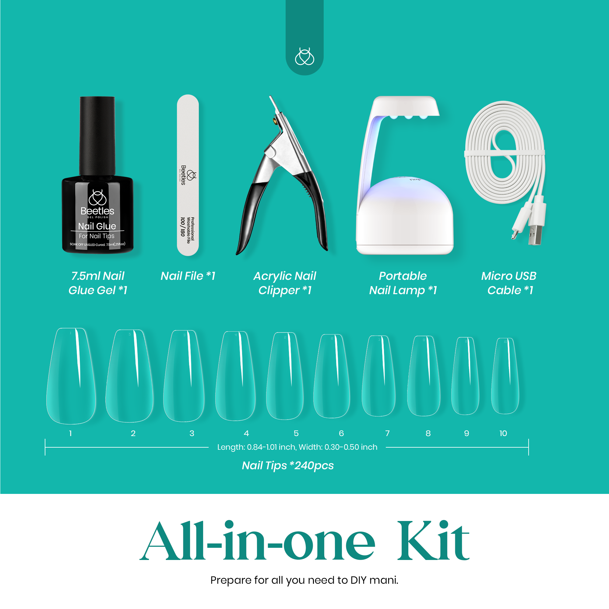 Beetles Easy Gel Tips Nail Extension Kit, 2 In 1 Nail Glue Gel Base Coat with Pre-shaped Medium Coffin Nails and U V LED Nail Lamp Acrylic Nail Clipper for Gel Art DIY Manicure Fast Nail Extension Kit