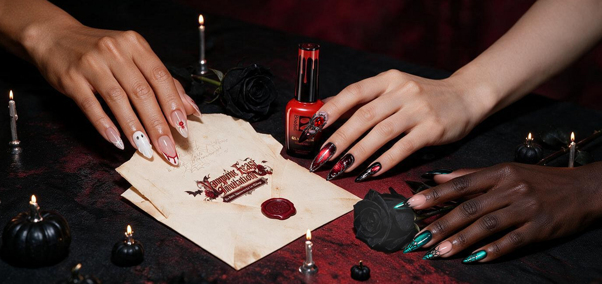 Beetles Halloween Nail Art Challenge invitation featuring beginner and advanced Halloween manicure ideas.