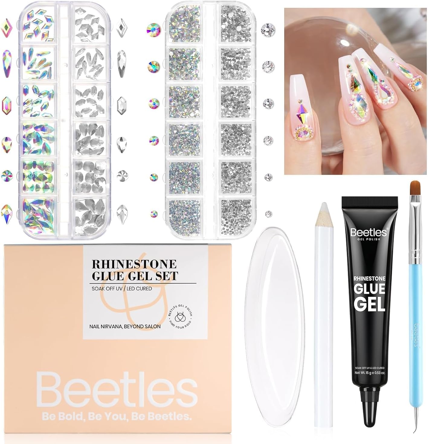 Rhinestone Nail Glue Set - AB Crystal Glass Gems with Nail Rhinestone Glue and Nail Brush