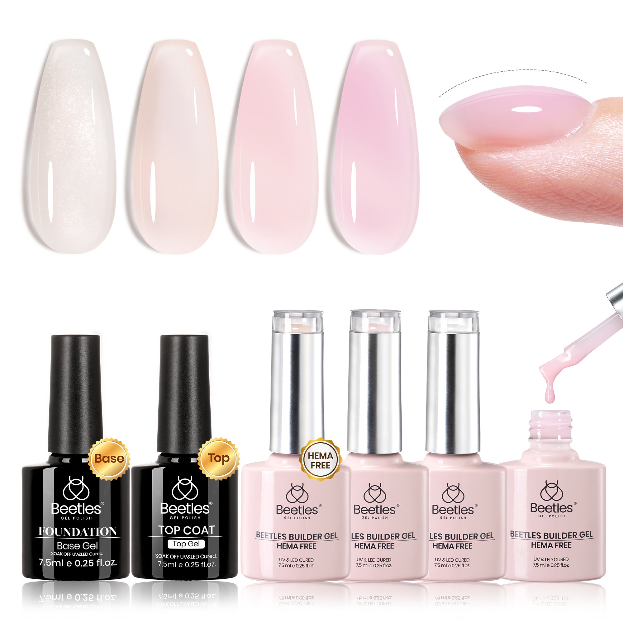 Beetles Hema Free Builder Gel Nail Kit 7-in-1 Jelly Nude Glitter Pink Builder Gel for Nails Strengthening & Extensions with Base & Top Coat Beginner-Friendly Beauty Gift Sets for Women