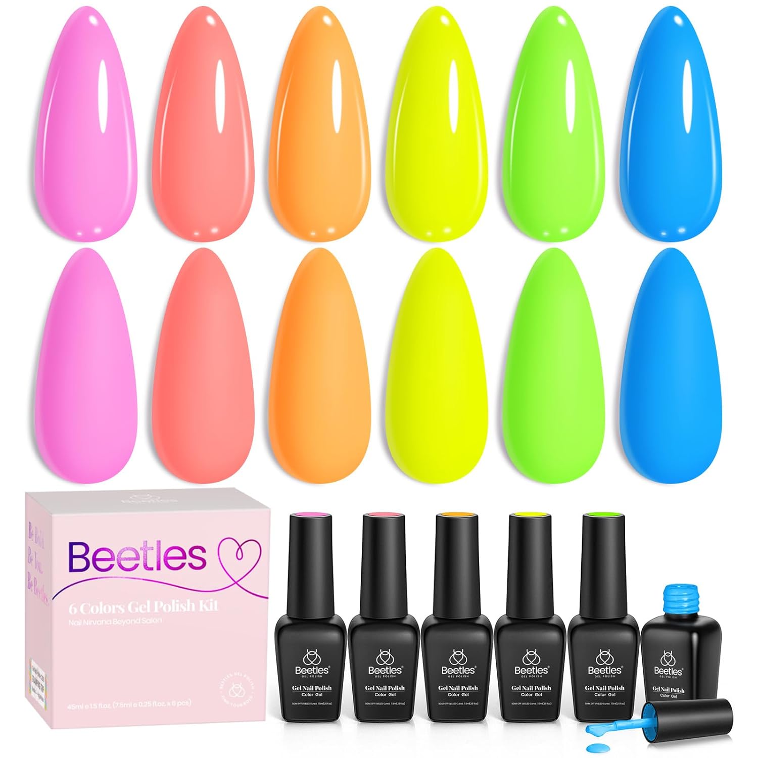 その他 Of Color Bright p706p5g Beetles Neon Gel Polish Set Orange Pink Blue Yellow Green Purple