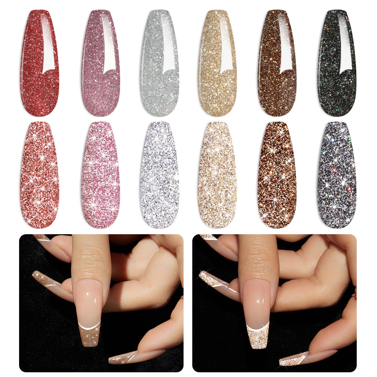 beetles Gel Polish Reflective Glitter Gel Nail Polish Set, 6 Colors Spring Summer Holographic Sparkle Glitter Gel, Flash Diamond Sliver Gold Black Red UV LED Soak Off Manicure Kit for Women Girls