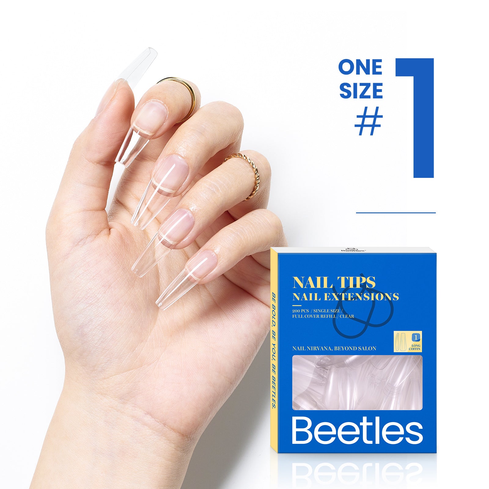 Beetles Gel Tips Refill Pack Coffin Long Shape, 200pcs NO.1 Separate Size Pre-shaped Clear Full Cover False Nails, Easy Nail Extensions Acrylic Nails False Press on Nail Tips Fast Nails Art Easy DIY