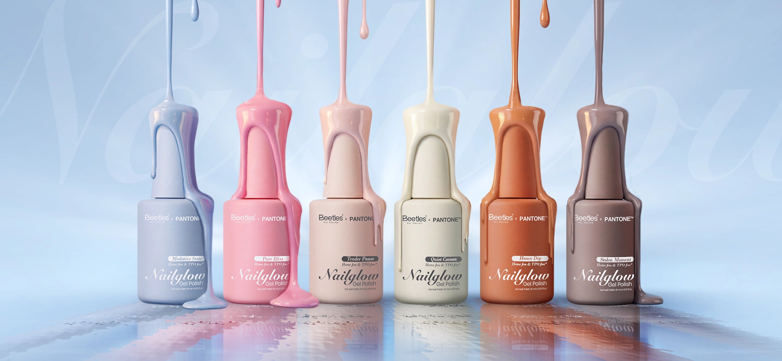 The emotional stories behind the colors in the Beetles × PANTONE "Beetles Nail Glow" six-color gel nail polish set.