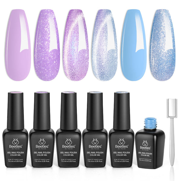 Beetles Purple Gel Nail Polish Set - Dreamscape Wander 6 Colors Purple Glitter Shimmer Cat Eye Gel Polish Kit