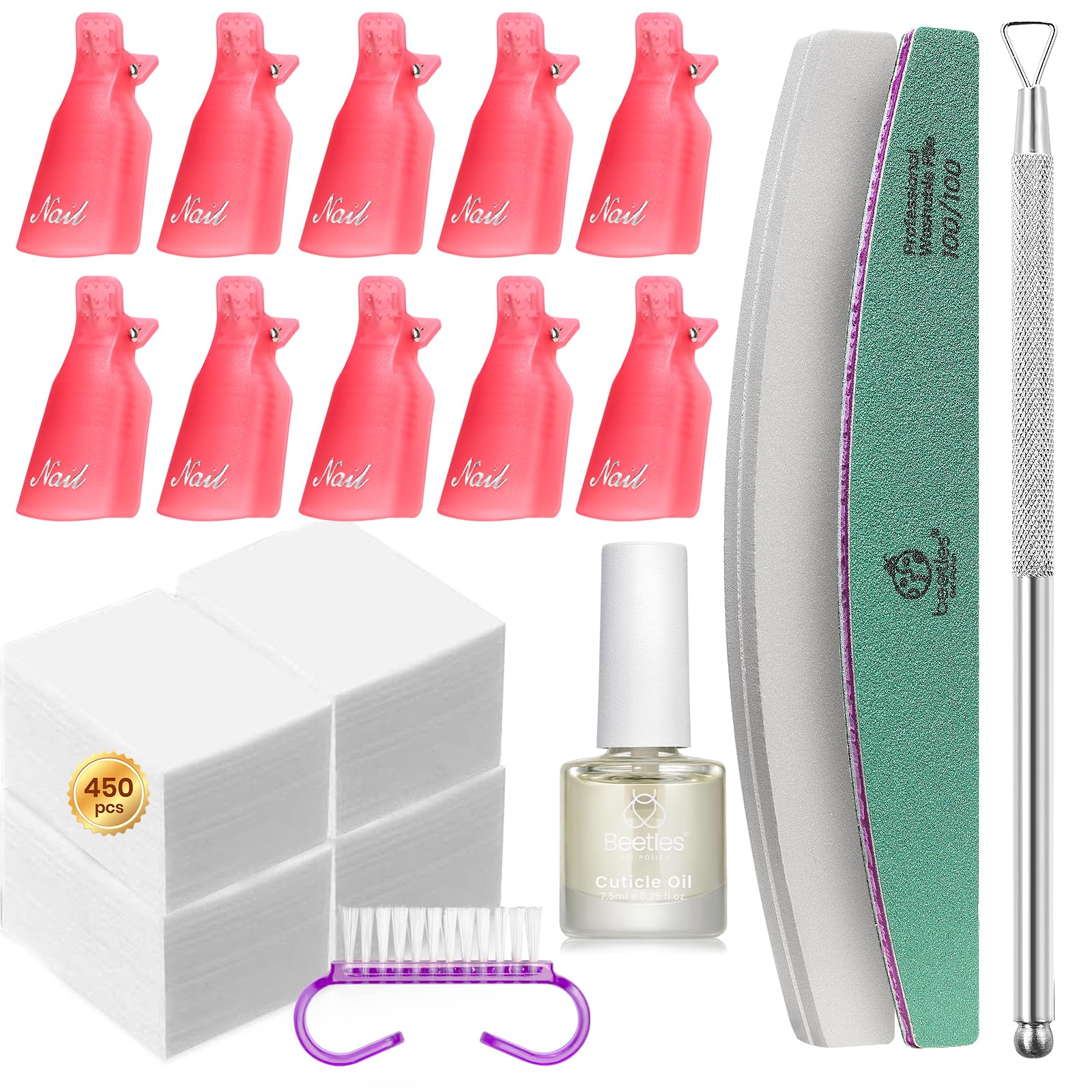 Gel Polish Remover Kit: 450 Lint Free Nail Wipes, 10 Remover Clips, Cuticle Oil, Pusher, Nail File