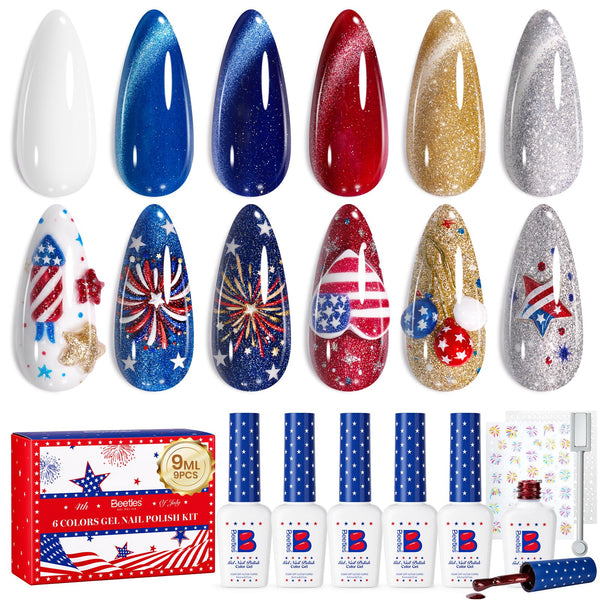 Independence Spark Colors| 6 Colors Cat Eye Gel Polish Set Red White and Glitter Blue