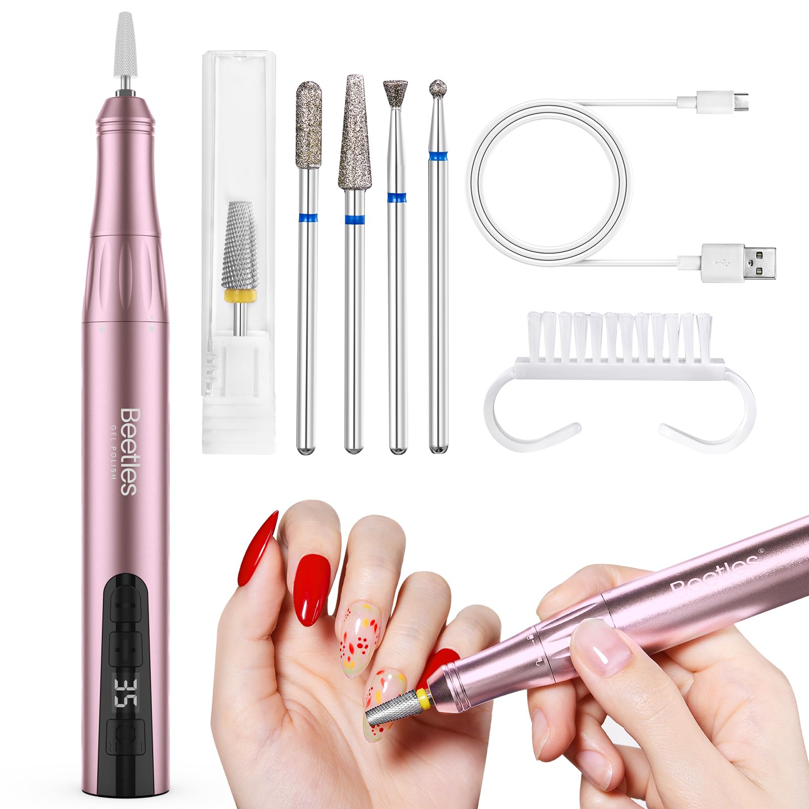 Pink Professional E-file Electric Nail Drill Set-Includes 5 Multifunctional Drill Bits