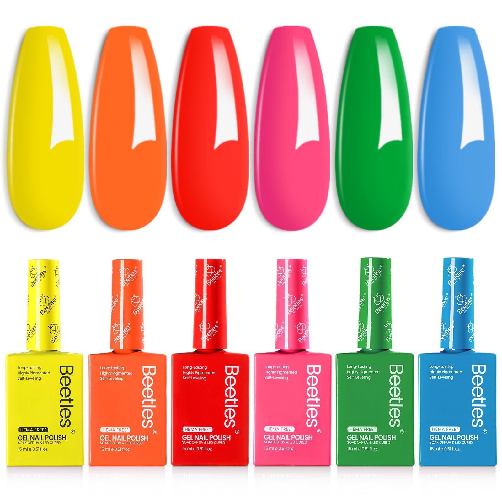 Hema Free Neon Rainbows - Colorful Bottle 6 Color Each 15ml Green Yellow Pink Gel Polish