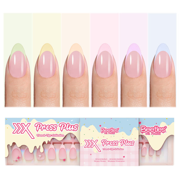 Beetles French Tips Press On Nails, Pastel Spring Nails Medium Almond 6 Colors 192 Pcs, Spring Fake Nail Tips