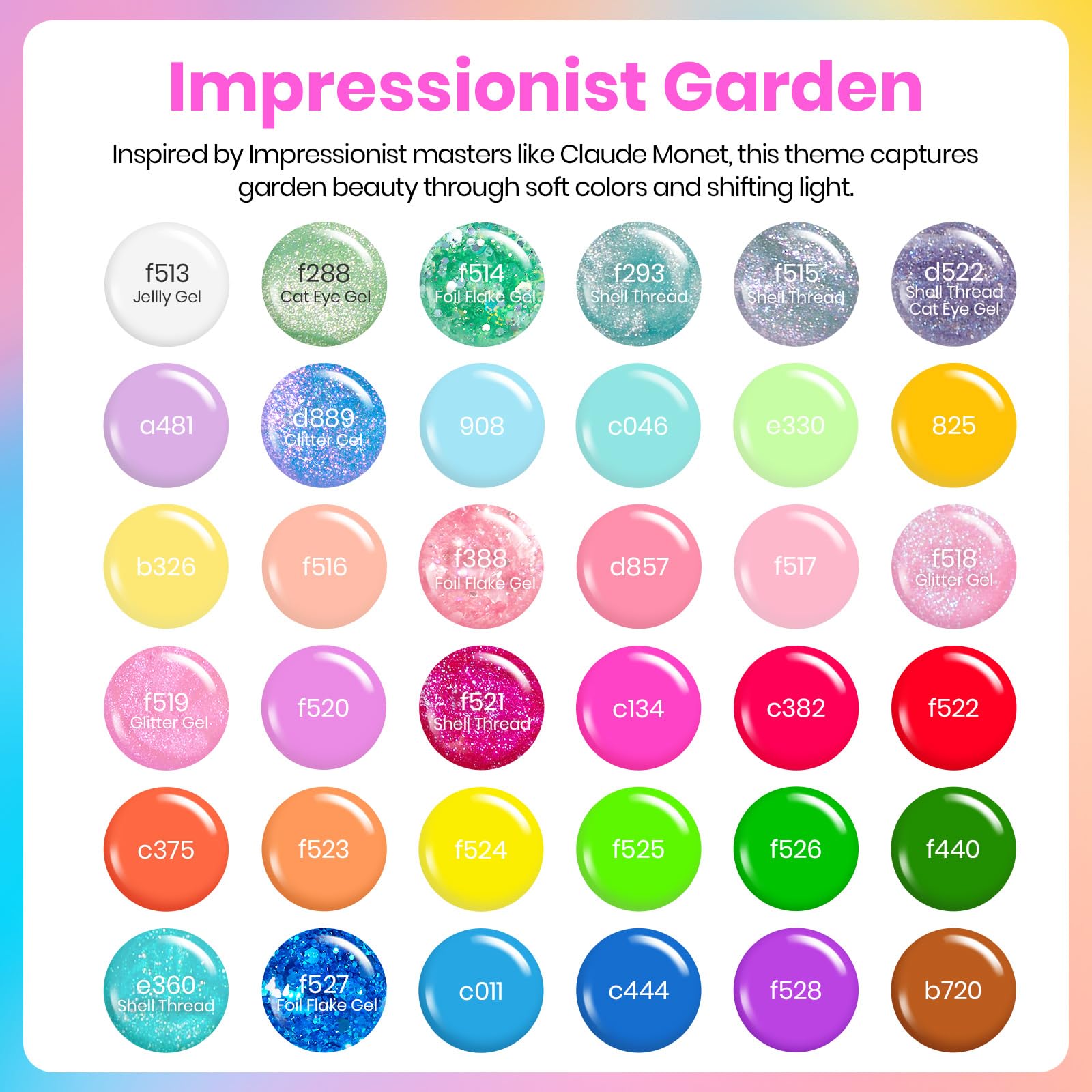 Impressionist Garden - 36 Nail Pastel Gel Polish Colors