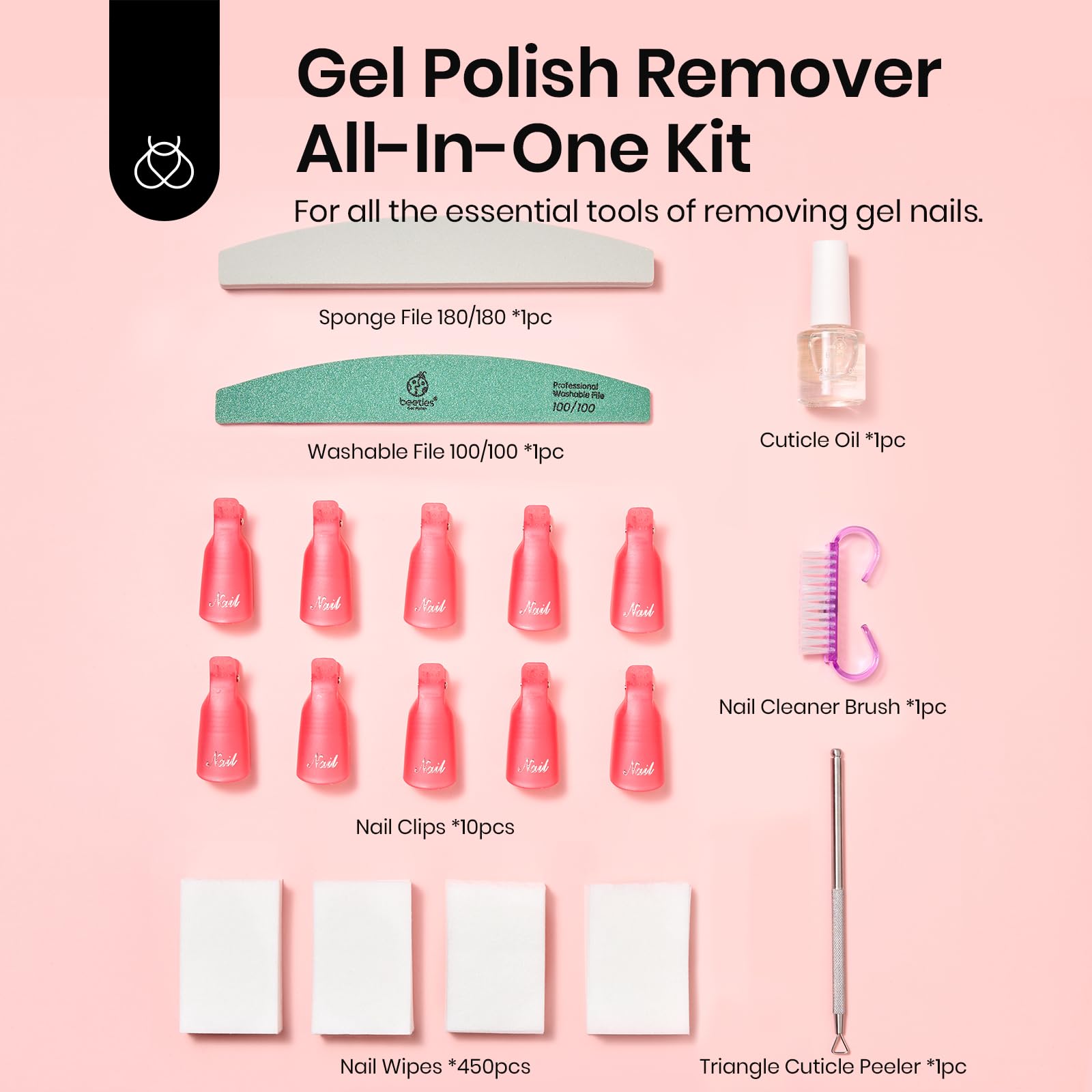 Gel Polish Remover Kit: 450 Lint Free Nail Wipes, 10 Remover Clips, Cuticle Oil, Pusher, Nail File