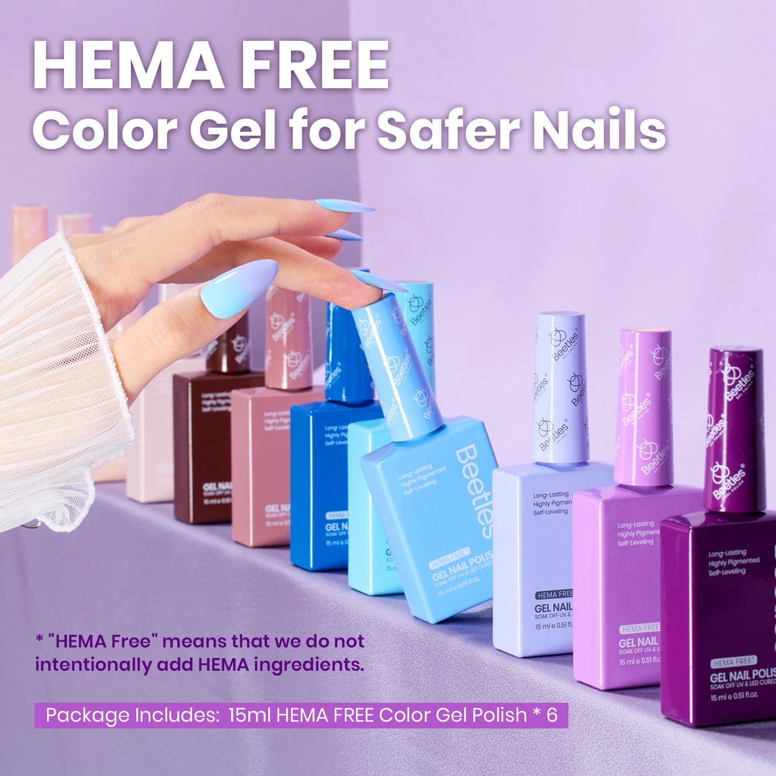 Hema Free Wisteria Whisper - Colorful Bottle 6 Color Each 15ml Gel Polish