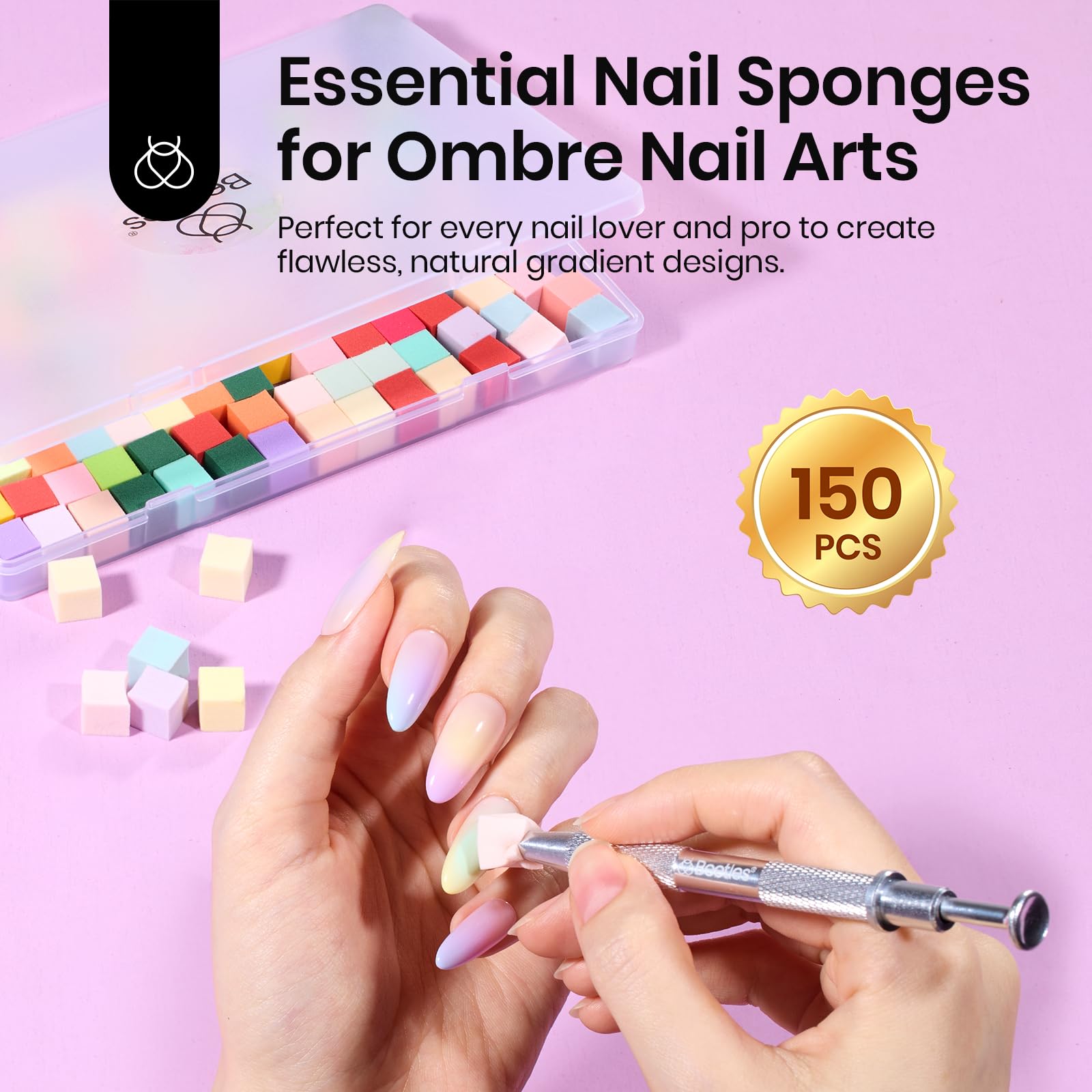 150Pcs Soft Nail Sponges for Ombre Colorful Nail Sponge with Grabbing Pen Blooming Nails Art Brushes