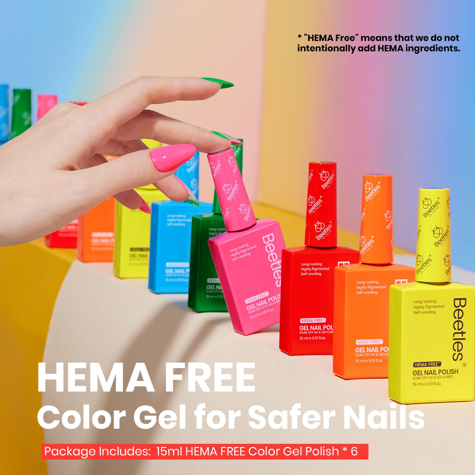 Hema Free Neon Rainbows - Colorful Bottle 6 Color Each 15ml Green Yellow Pink Gel Polish