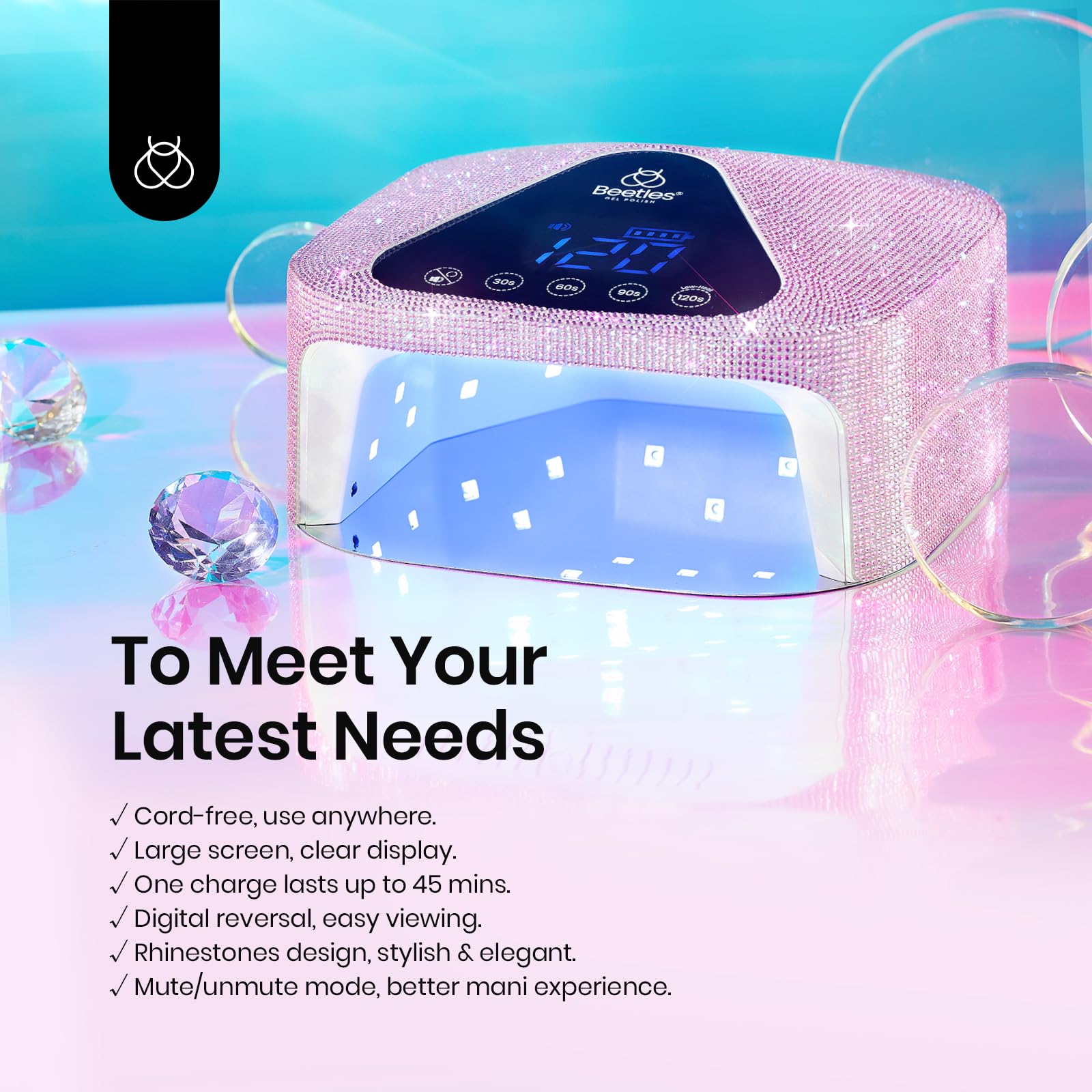 (Free Laser Tote Bag) Rhinestones UV Nail Lamp Cordless Rechargeable with 4 Modes Professional