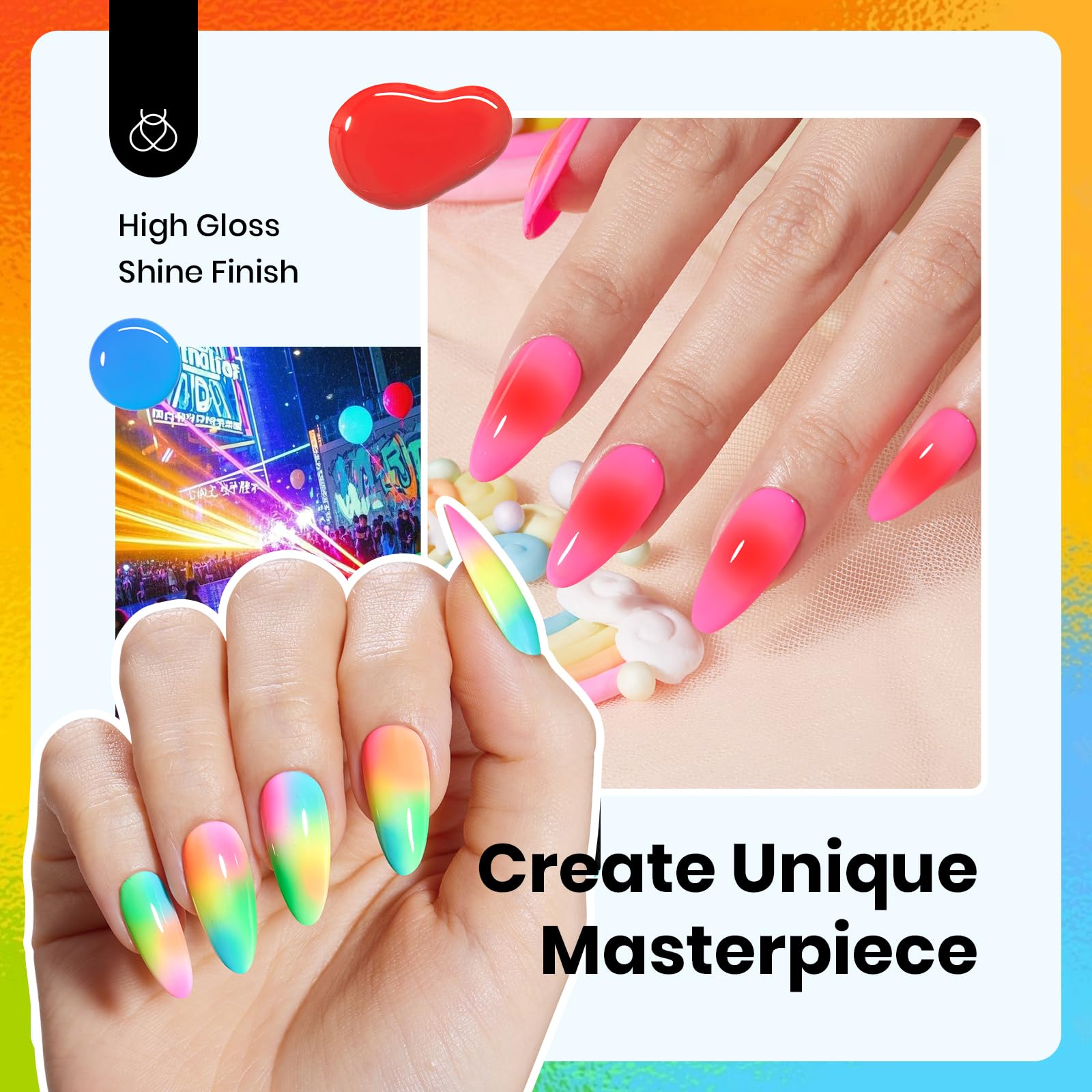 Hema Free Neon Rainbows - Colorful Bottle 6 Color Each 15ml Green Yellow Pink Gel Polish