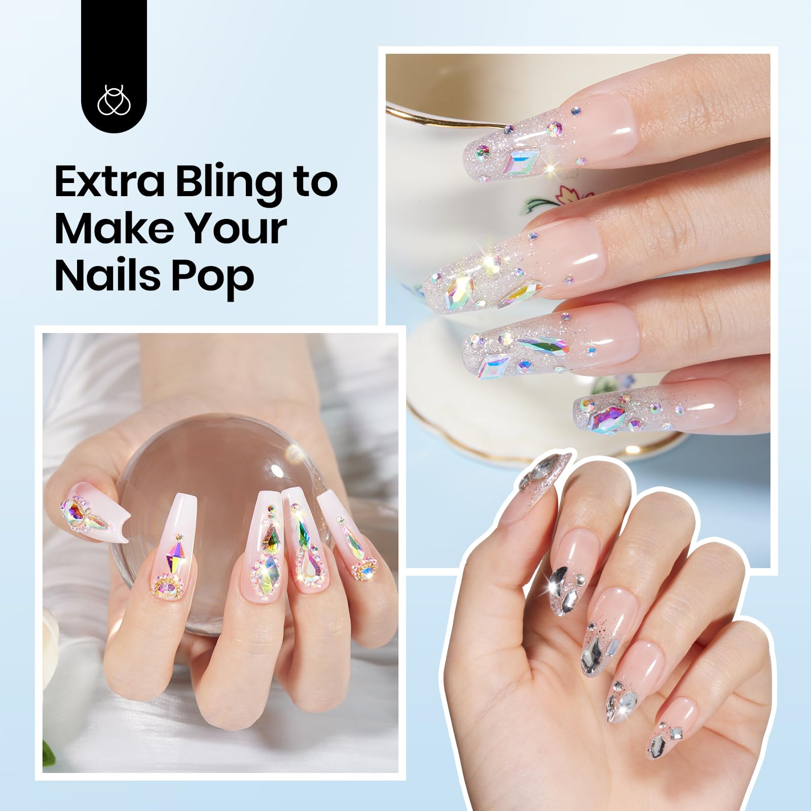 Nail Art Glue & Rhinestones Set Gel Polish Nail Glue with Gems 15ml