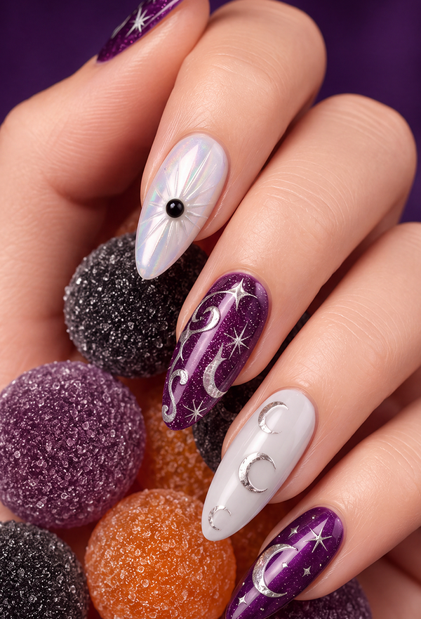 Almond nails featuring purple cat-eye gel and pearlescent white, accented with silver moon, star, and celestial elements to create a mysterious witch-themed look.