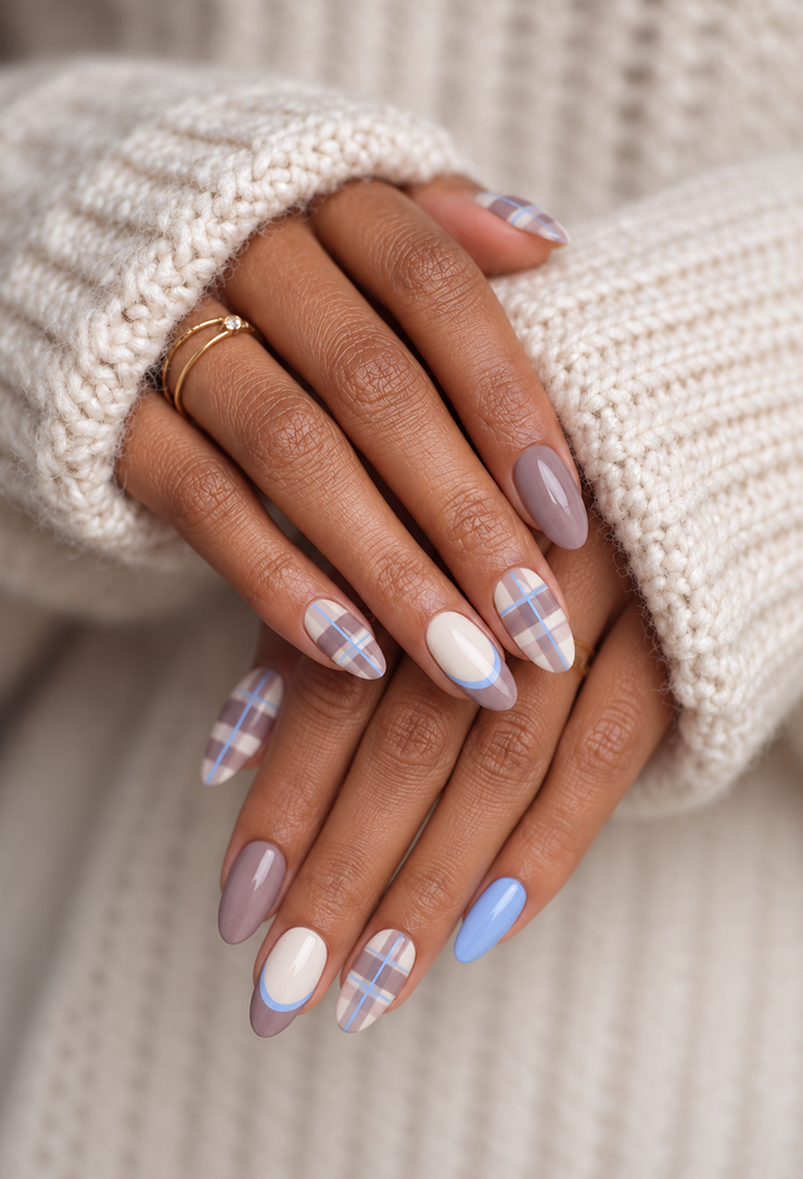 Brown and pale blue almond nails with plaid accents, glossy solid colors, and a curved brown French tip over a nude base