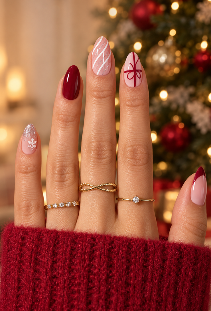 Natural-looking red and white Christmas press-on nails with French tips and a ribbon bow accent on long square nails