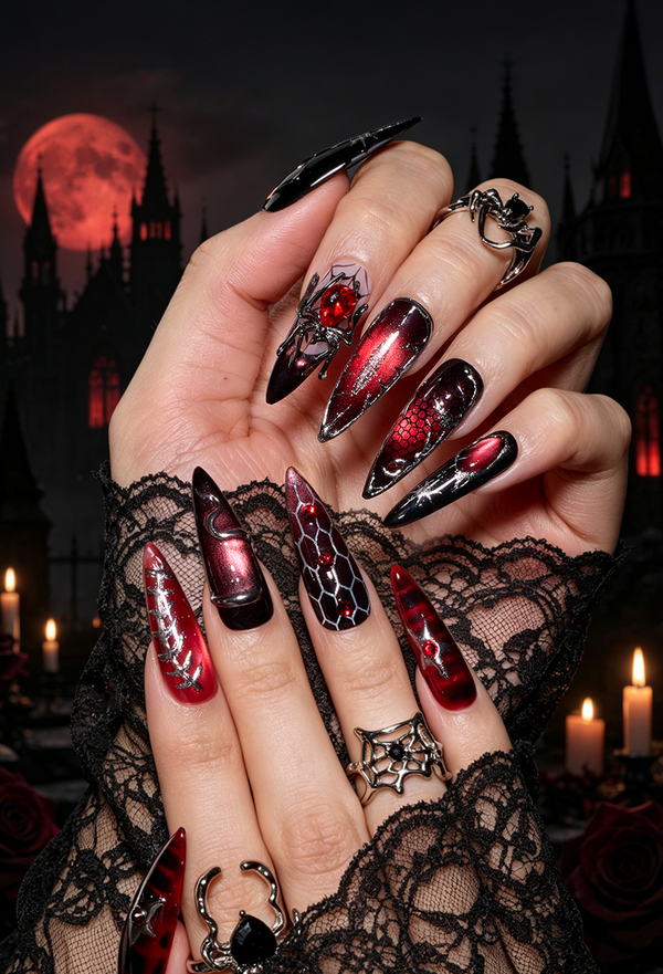 Red and black stiletto nails with metallic cat-eye effects, spiderweb details, 3D spiders, and crimson gems for a dramatic gothic look.