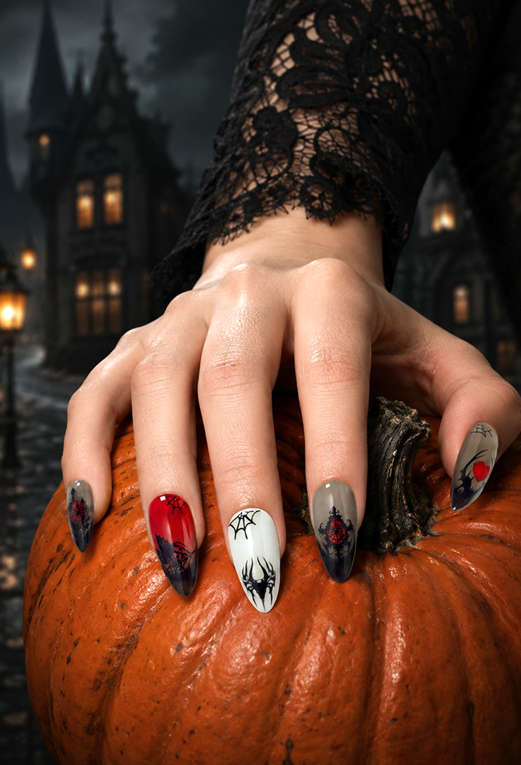 Smoky gray, white, and red almond nails with spiderwebs, gothic silhouettes, and jelly ombre for a haunting Halloween look.