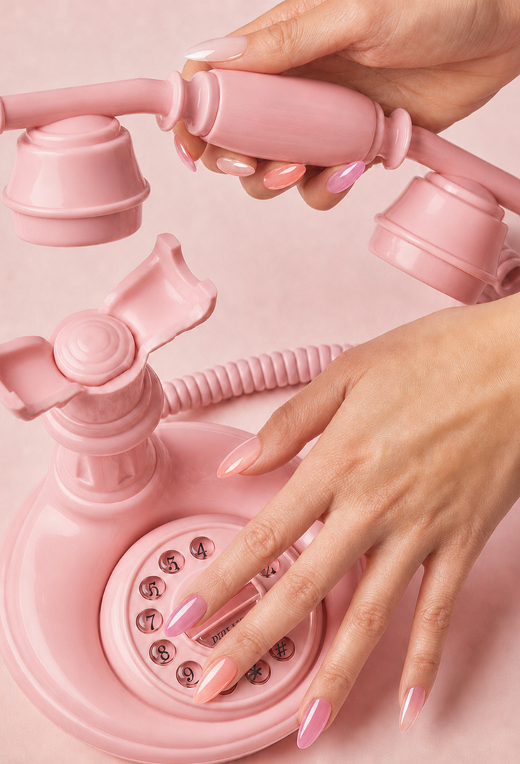 Glossy almond nails in soft pink, peach, nude, and milky white shades for a clean, minimalist manicure perfect for workdays and everyday wear.