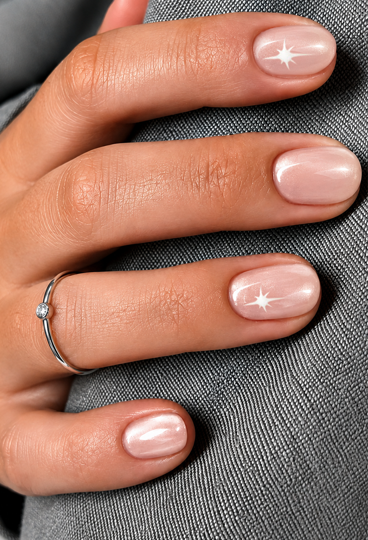 - Sheer blush pink short oval nails with a soft pearl cat-eye glow and a delicate white star accent for a clean, elegant everyday manicure.