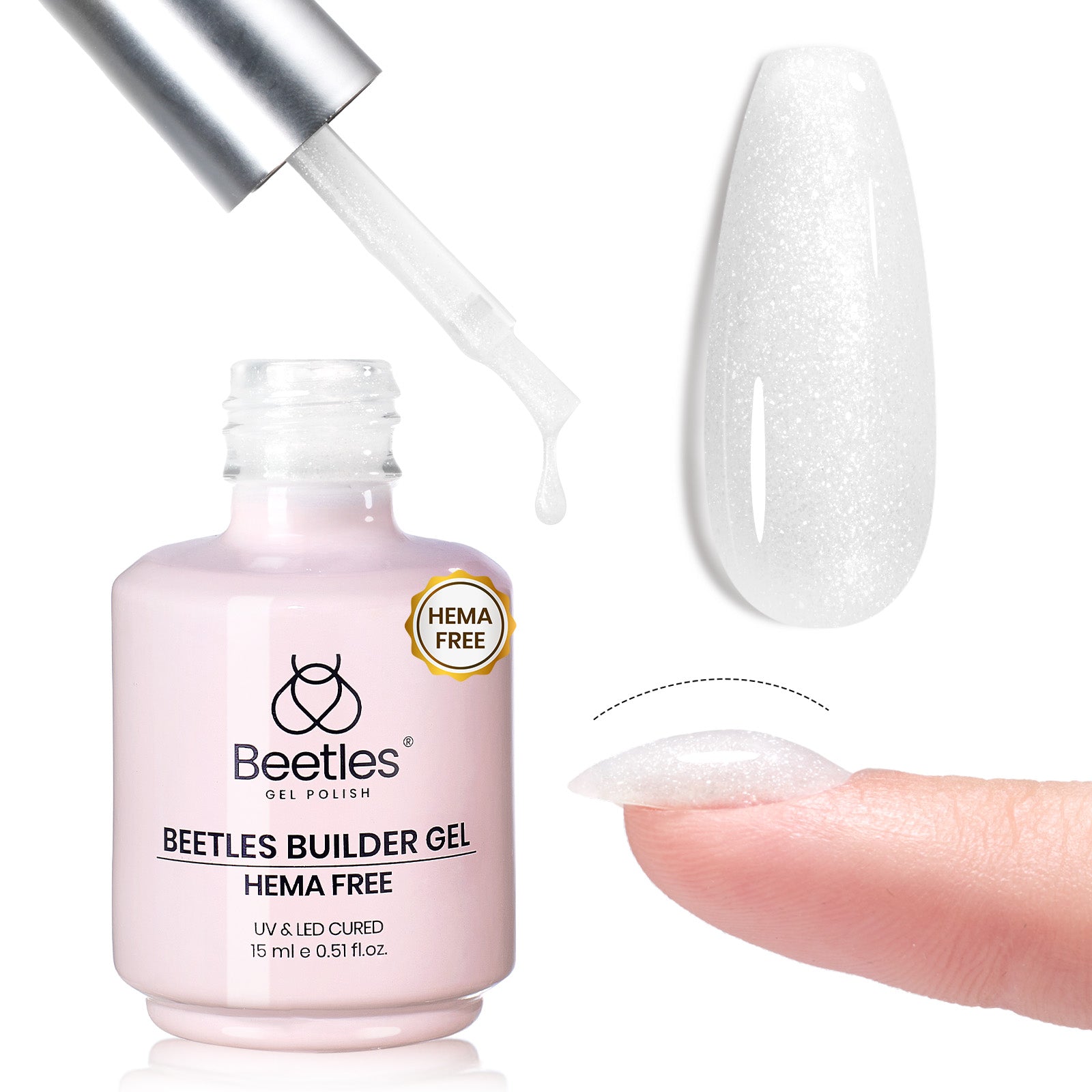 Beetles Builder Gel for Nails HEMA-Free,0.5 oz 8 in 1 White Glitter Builder Nail Gel for Thickening Apex Building Strengthener Extension LED/UV Lamp Galaxy Whispers Color DIY Salon for Begginer