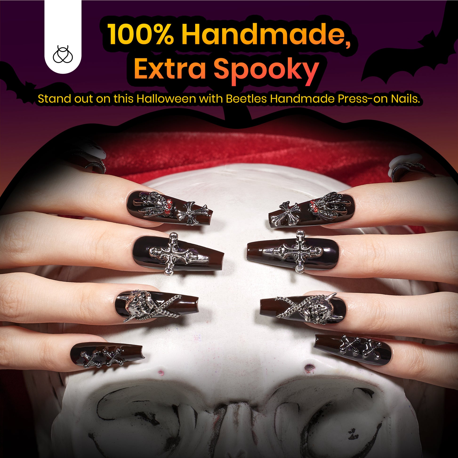 Helloween Black Ghost | Medium Coffin Press On Nails in 16 Sizes-32Pcs