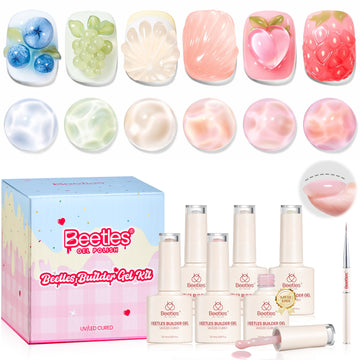 Beetles Builder Gel Nail Kit,Juicy Tint 6 Colors Jelly Pink Nude Builder Gels Apex Thickening Extension Strengthen Weak Nails for Beginners DIY Salon,Spring Nails at Home,UV & LED Lamp Needed