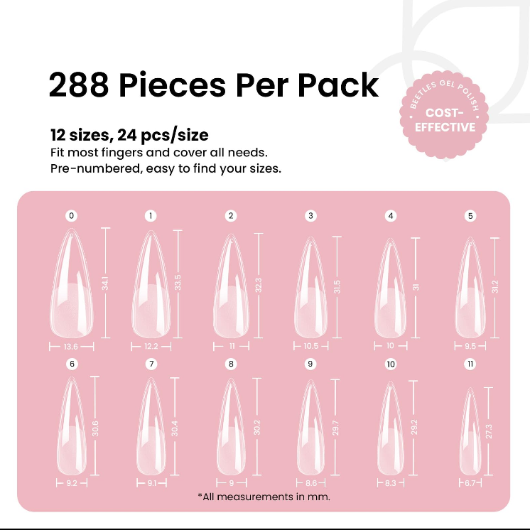 Beetles 12 Sizes Gel Nail Tips  Medium Stiletto  Gel Nail Tips 288Pcs