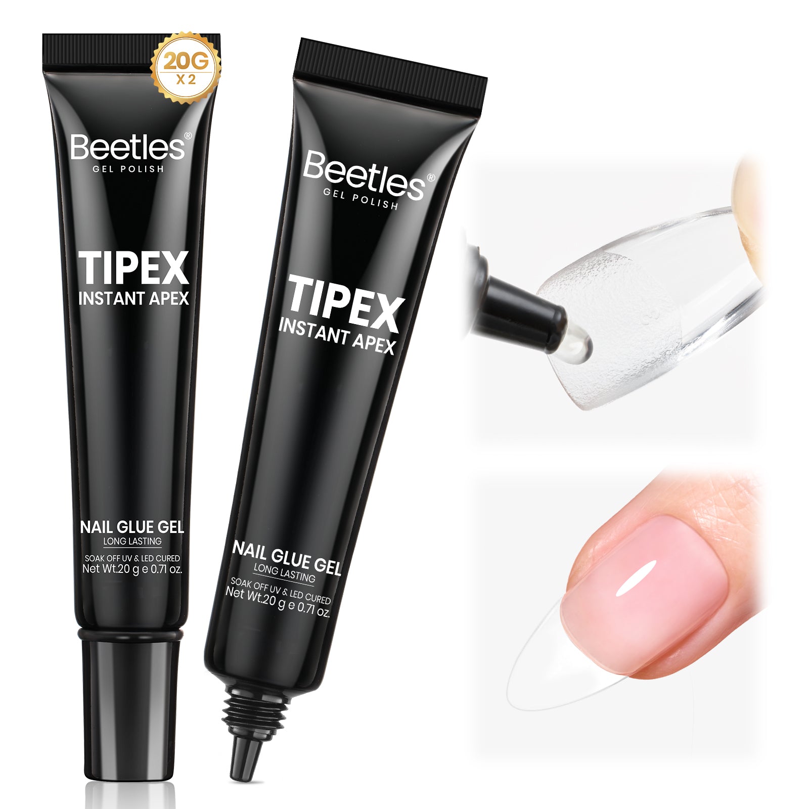 Beetles Tipex Nail Glue Gel 2 Pcs 20g, Super Strong Hands-Free Solid Nail Glue for Tipex Instant Apex Nail Tips