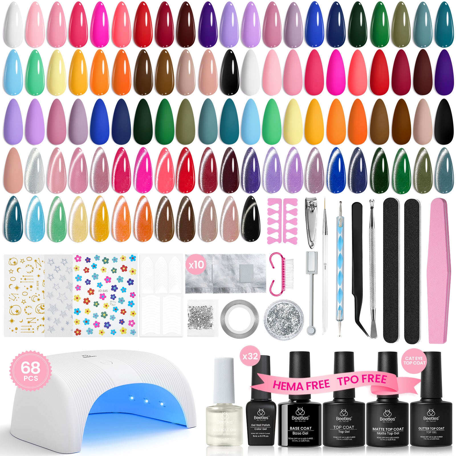Beetles Gel Nail Starter Kit Studio Essentials TPO & HEMA Free 32 Colors 68 Pcs All-in-One Mani Kit