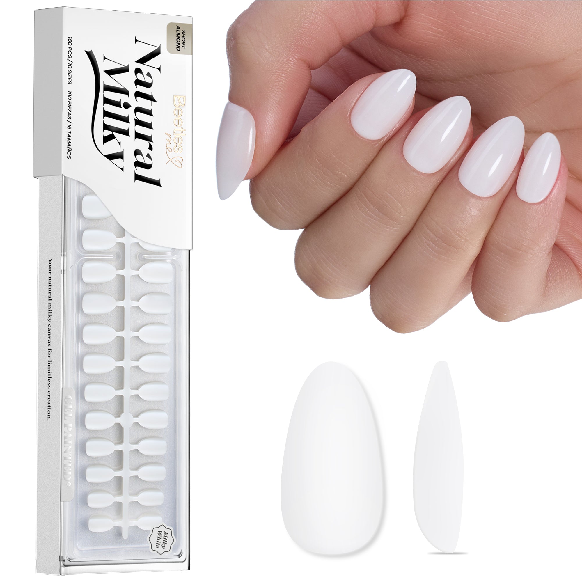 Beetles Natural Milky Nail Tips - Milky White Short Almond 16 sizes*5