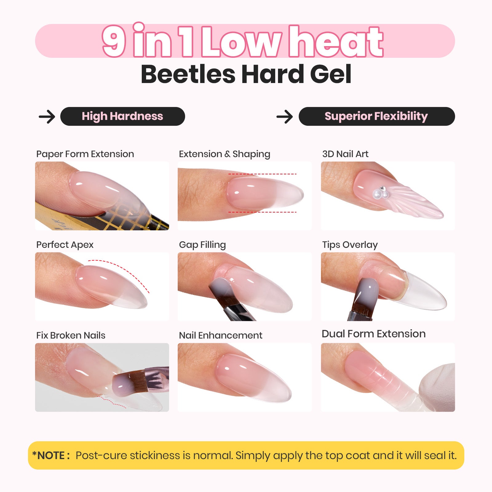 Beetles Low Heat Hard Gel for Nails, 1 oz 9 in 1 Clear Builder Nail Gel Sculpted Gel for Nails Extension & Repair for Women Manicurist