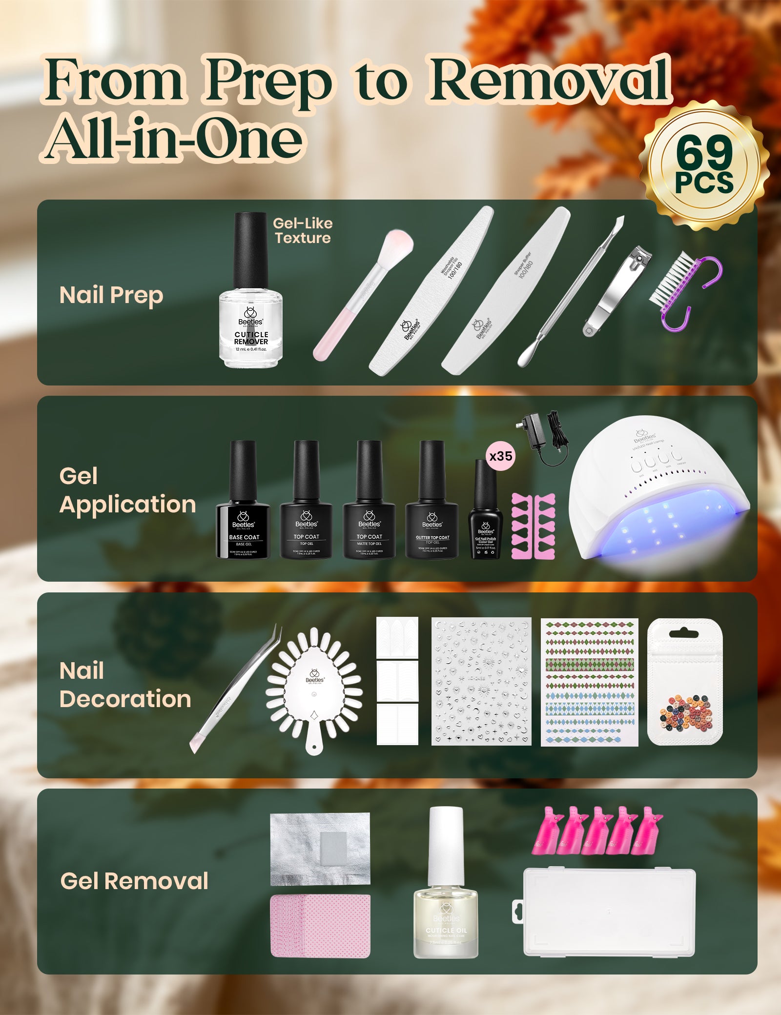 Beetles Gel Nail Starter Kit Harvest Grove 35 Colors Gel Fall Nails HEMA Free & TPO Free All-in-One Mani Kit