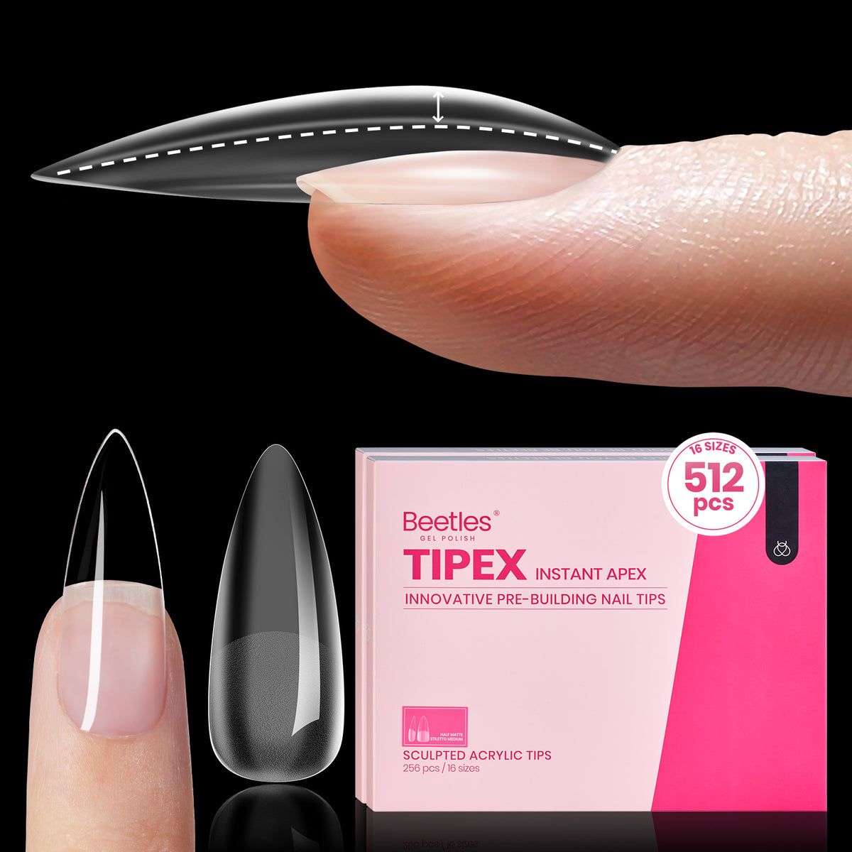 Beetles Tipex Instant Apex Nail Tips, 512 Pieces Medium Stiletto Pre-B ...