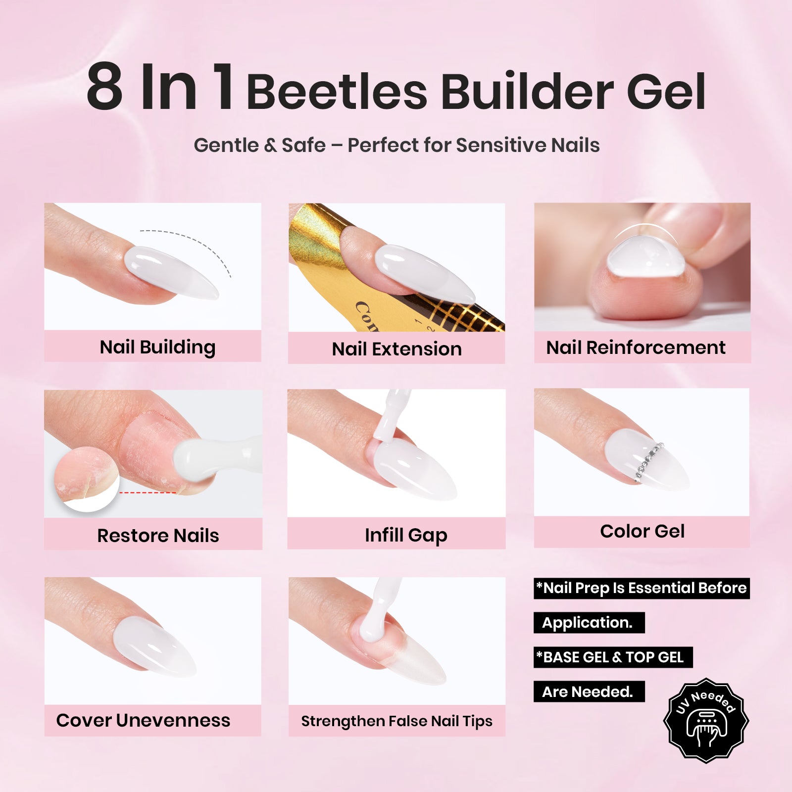 Beetles Builder Gel for Nails HEMA-Free,0.5 oz 8 in 1 White Glitter Builder Nail Gel for Thickening Apex Building Strengthener Extension LED/UV Lamp Galaxy Whispers Color DIY Salon for Begginer