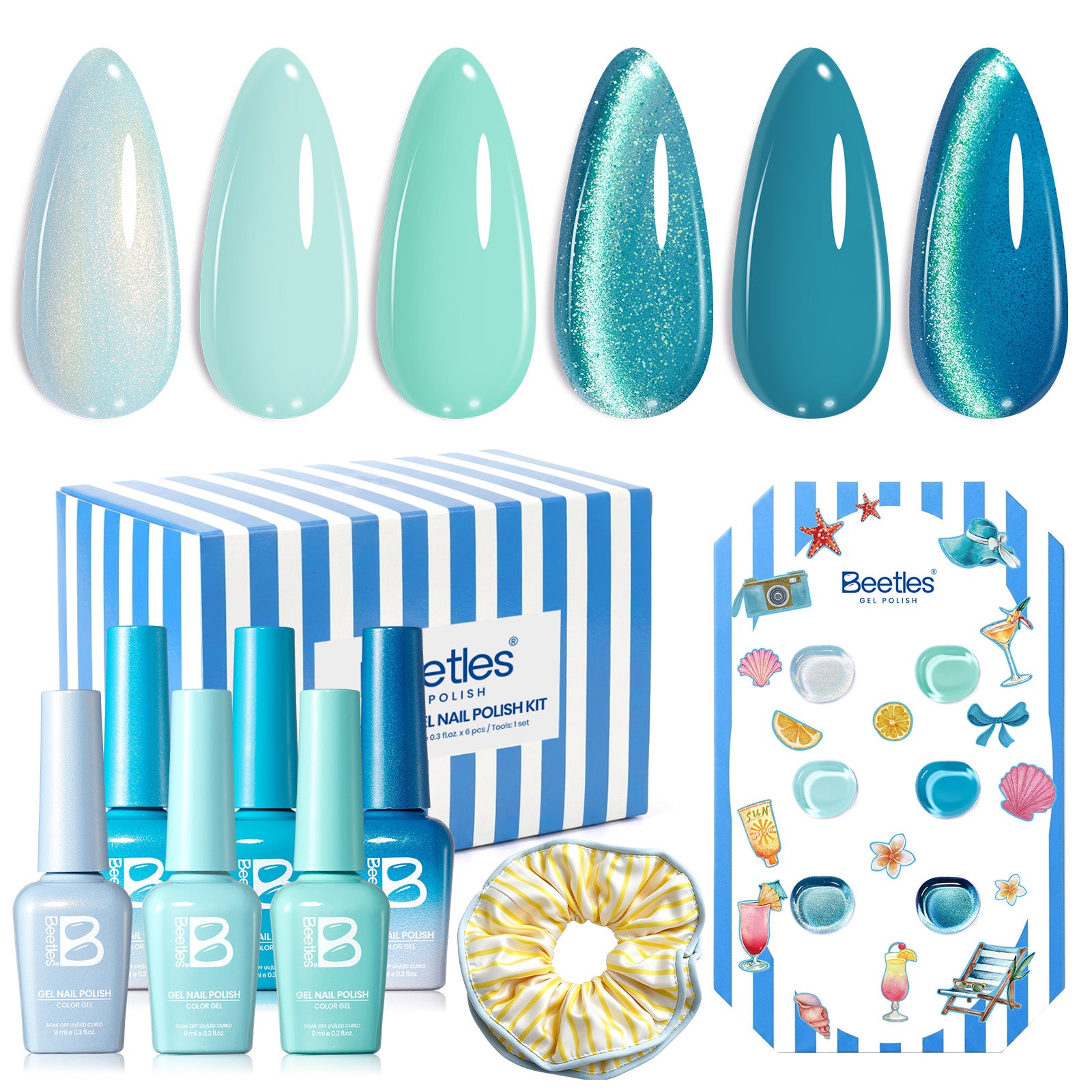 Beetles Summer Voyage - Shore Light Blue Cat Eye Gel Summer Nails 6 Colors Gel Polish Set 9ml