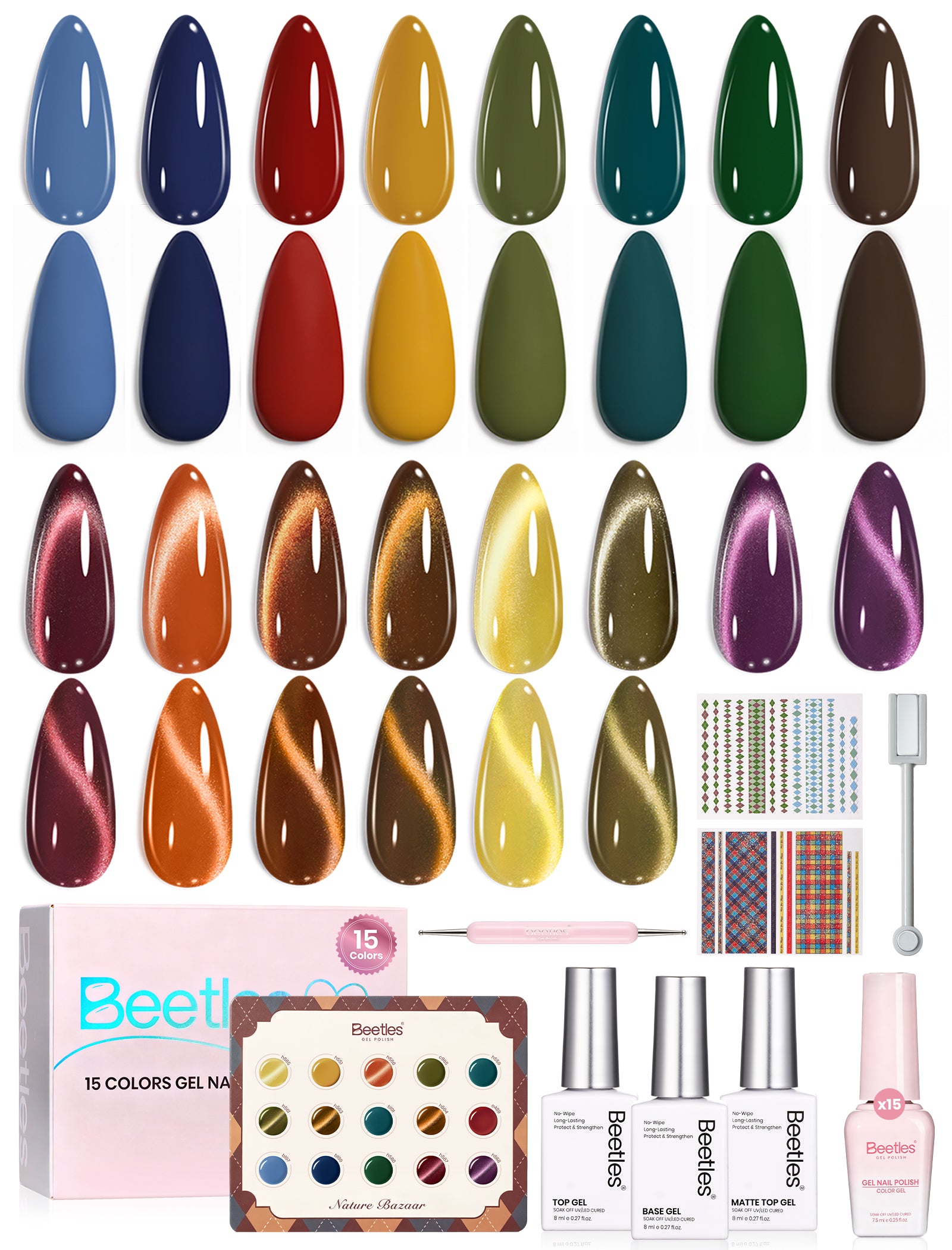 Beetles Nature Bazaar 15 Colors Cat Eye Gel Polish Set Fall Nails 7.5ml/Each