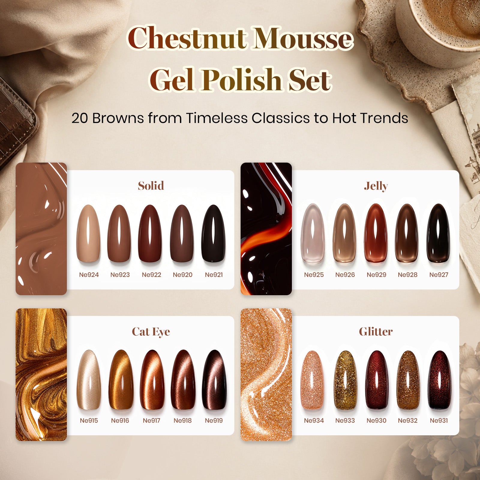 Beetles Chestnut Mousse 20 Colors Brown Cat Eye Glitter Gel Polish Set 7.5ml