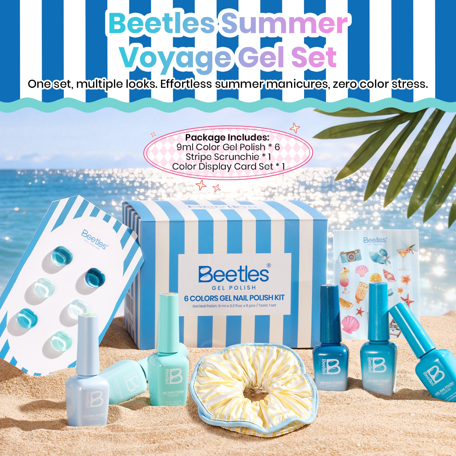 Beetles Summer Voyage - Shore Light Blue Cat Eye Gel Summer Nails 6 Colors Gel Polish Set 9ml