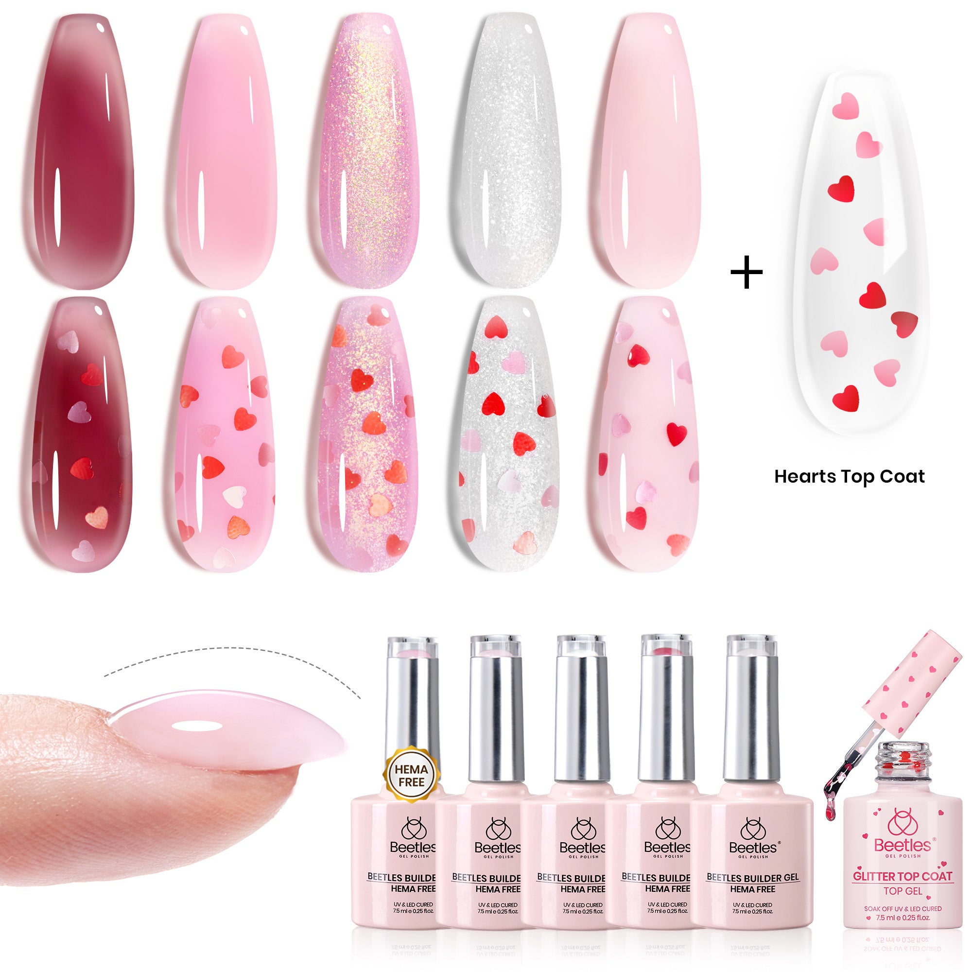 Beetles Builder Gel 5 Colors Nude Shimmer Glitter 7-in-1 Hema Free Strengther Gel with Heart Top Coat for Nail Apex Building Soak Off LED Lamp Nail Extension DIY Salon Gifts for Women