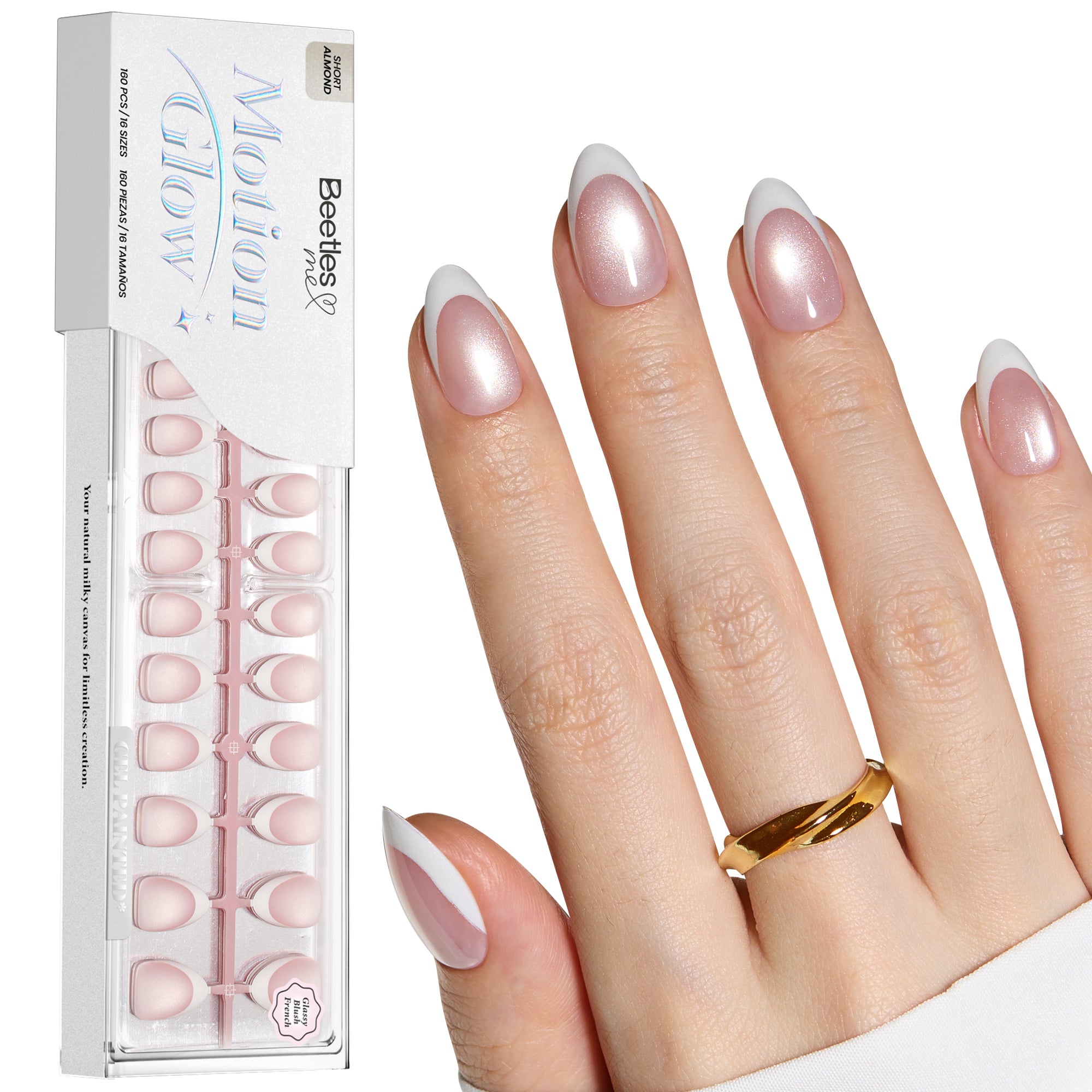 Beetles Stay Shining Glassy Blush French Press On Nails Short Almond 160 PCS