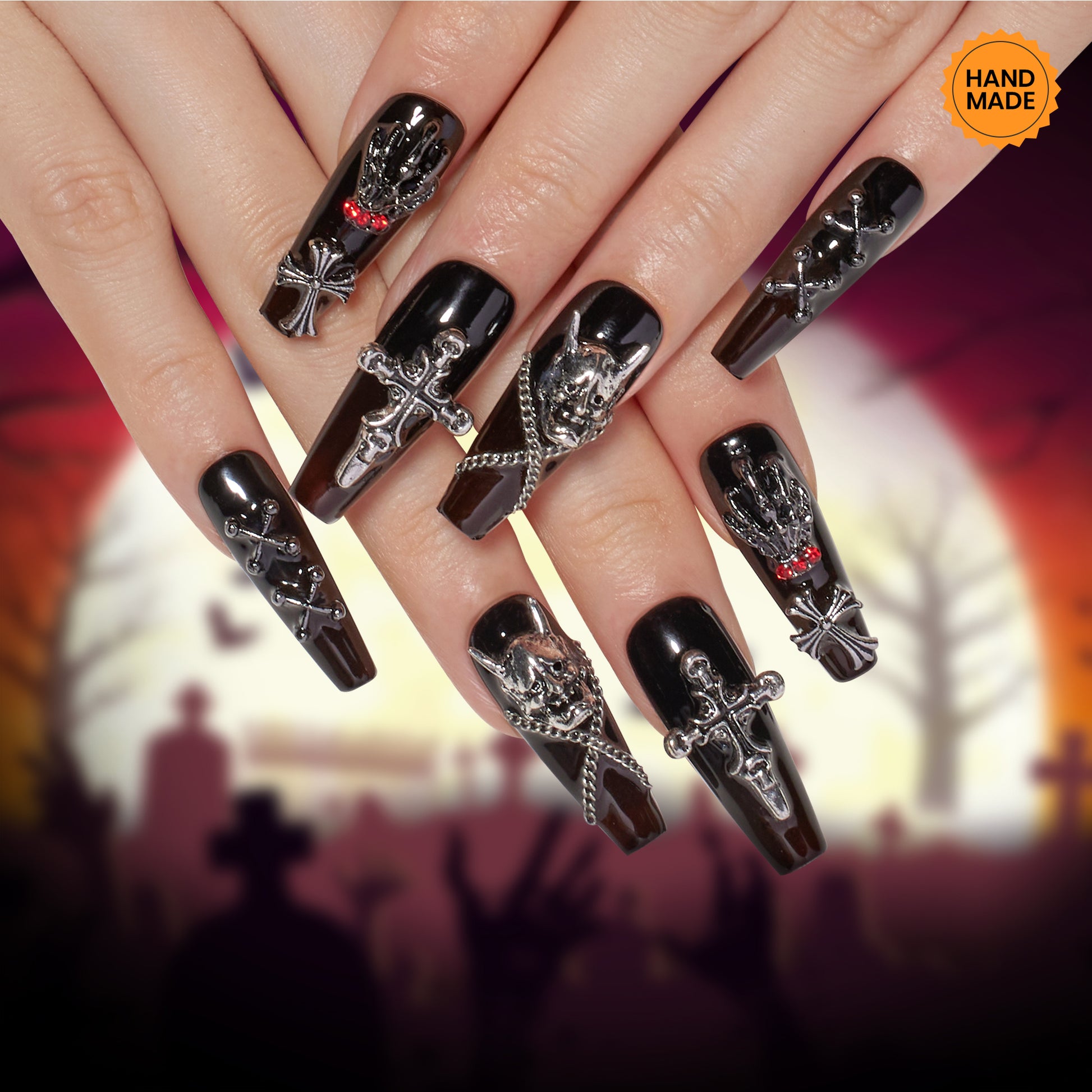 Helloween Black Ghost | Medium Coffin Press On Nails in 16 Sizes-32Pcs