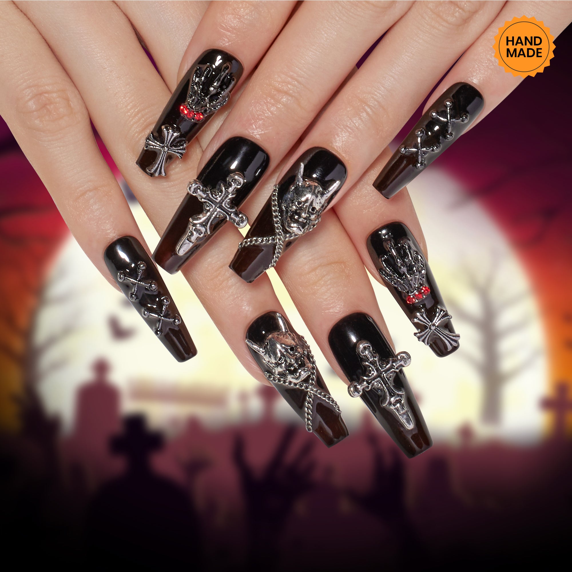 Helloween Black Ghost | Medium Coffin Press On Nails in 16 Sizes-32Pcs