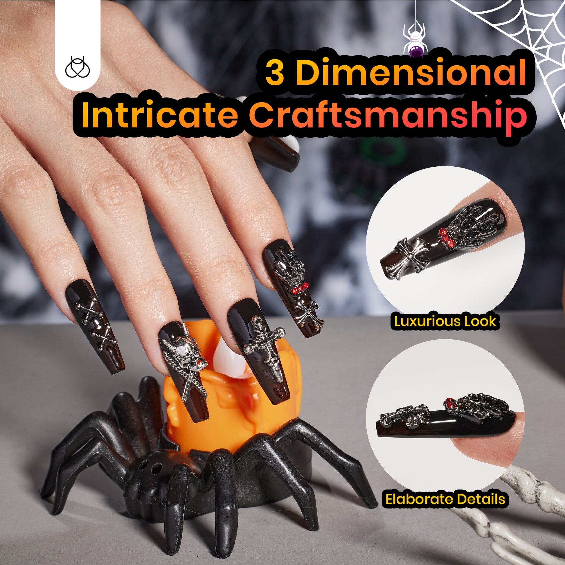 Helloween Black Ghost | Medium Coffin Press On Nails in 16 Sizes-32Pcs