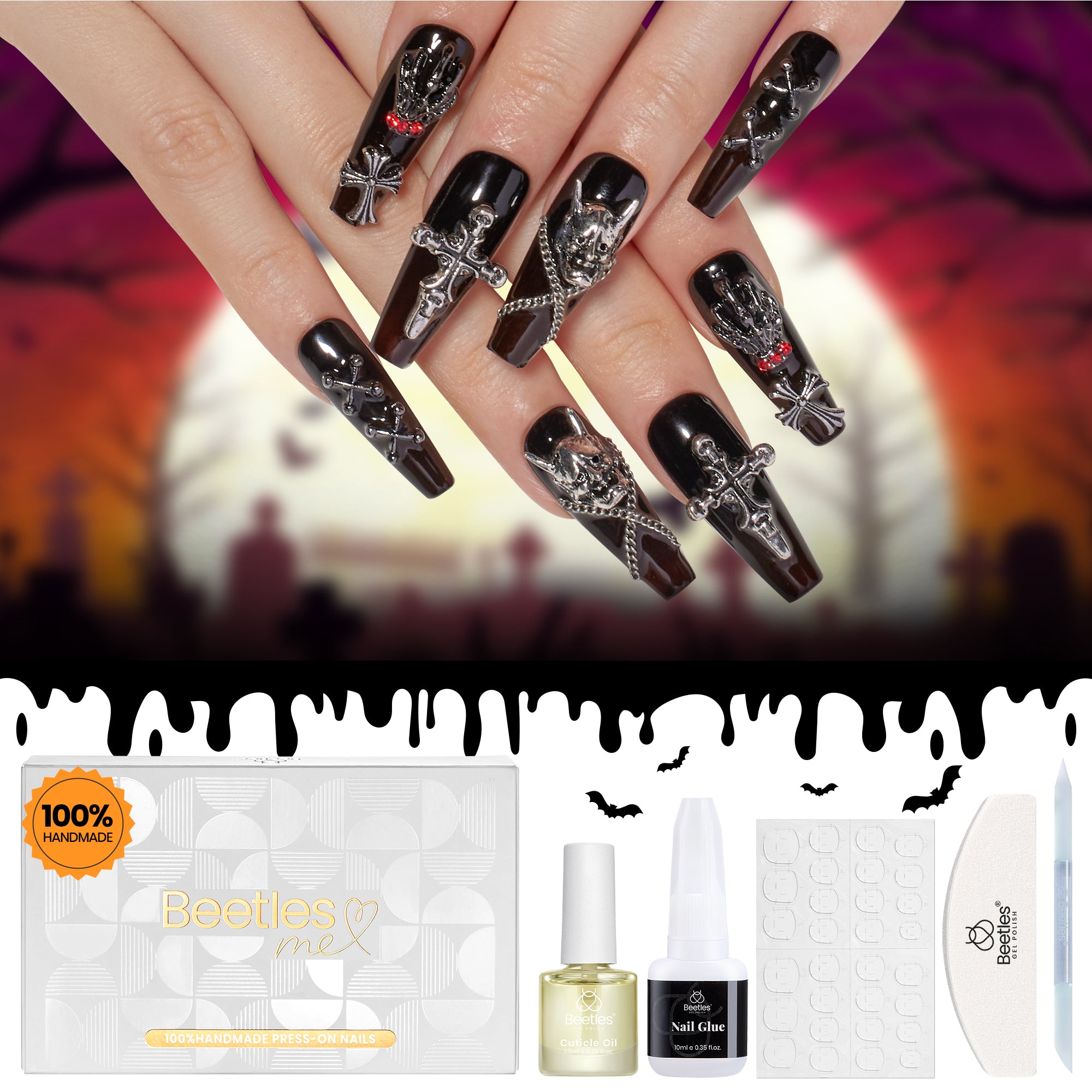 Helloween Black Ghost | 3D Intricate 100% Handmade Luxury Press On Nails with Gift Box (16 Sizes-32Pcs)